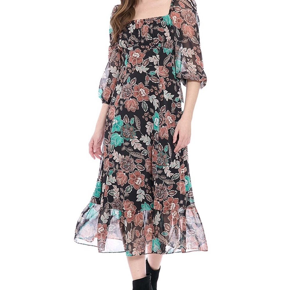 London Times Black Floral Midi Dress